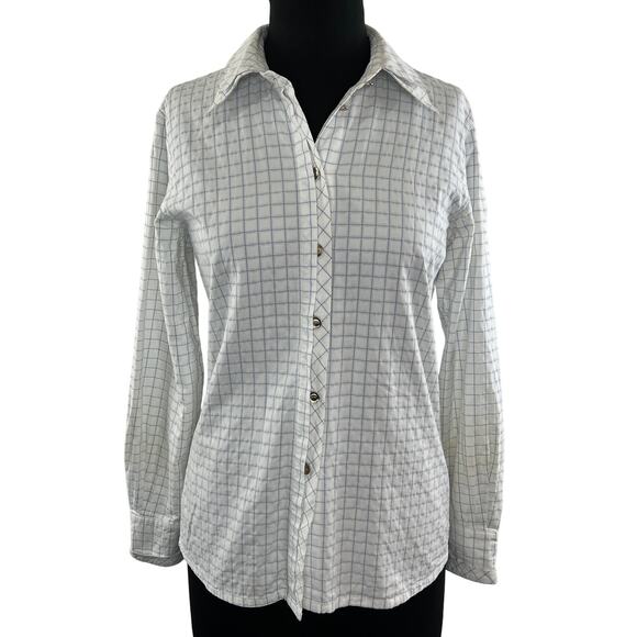 VINTAGE Escada White Blue Check Long Sleeve Button-Down Women's Cotton Shirt S - Picture 1 of 11